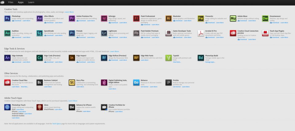 Applications Screen Adobe CC